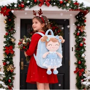 NWT Plush Doll Backpack for Girls - Light Blue With Heart Keychain Soft Stuffed